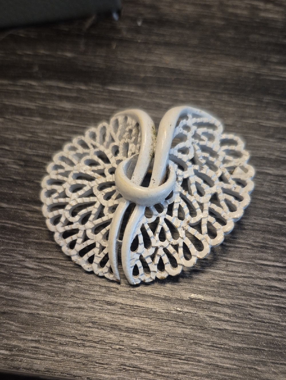 Crown Trifari White Enamel Textured Lace Filagree Brooch